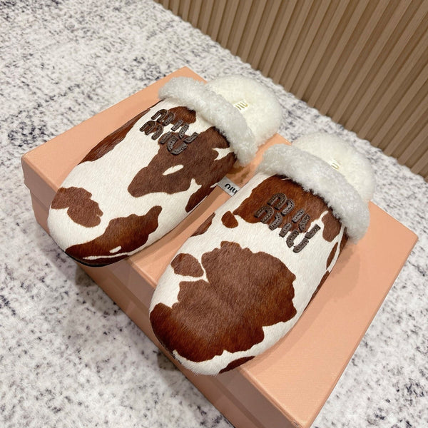 Miu Shearling-Lined Cow-Print Mules Horsehair 481434