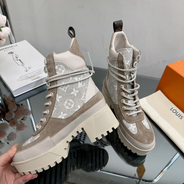 LV Laureate Desert Boot 70mm Grigio Marrone Monogram Tessuto Mix Scamosciato