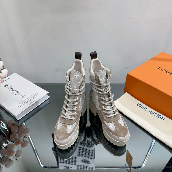 LV Laureate Desert Boot 70mm Grigio Marrone Monogram Tessuto Mix Scamosciato