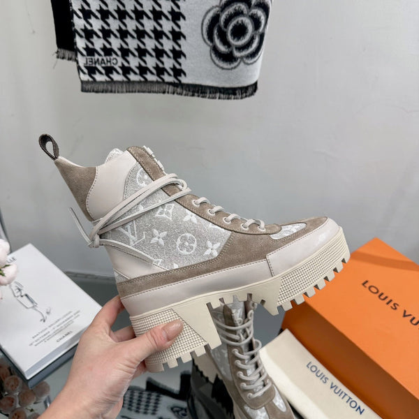 LV Laureate Desert Boot 70mm Grigio Marrone Monogram Tessuto Mix Scamosciato