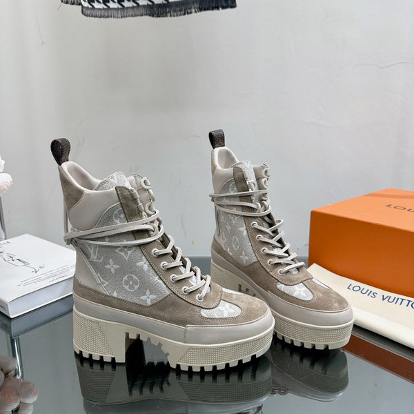 LV Laureate Desert Boot 70mm Grigio Marrone Monogram Tessuto Mix Scamosciato
