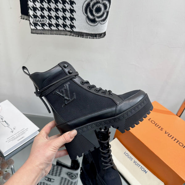 LV Laureate Platform Desert Boot 70mm Tessuto misto pelle bovina nera
