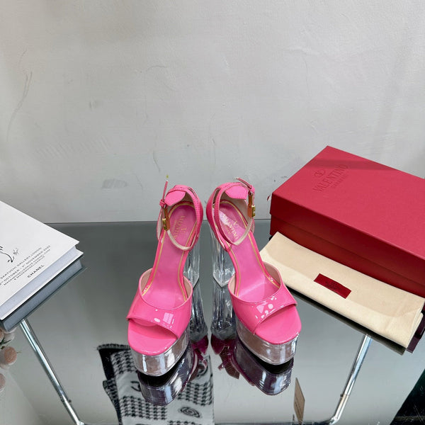 HIGH SANDAL 14CM IN BRIGHT PINK CALFSKIN AND TRANSPARENT PVC