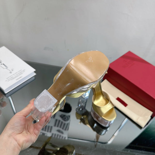 HIGH SANDAL 14CM IN GOLD CALFSKIN AND TRANSPARENT PVC