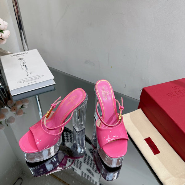 HIGH HEEL SANDAL 14CM IN BRIGHT PINK CALFSKIN AND TRANSPARENT PVC