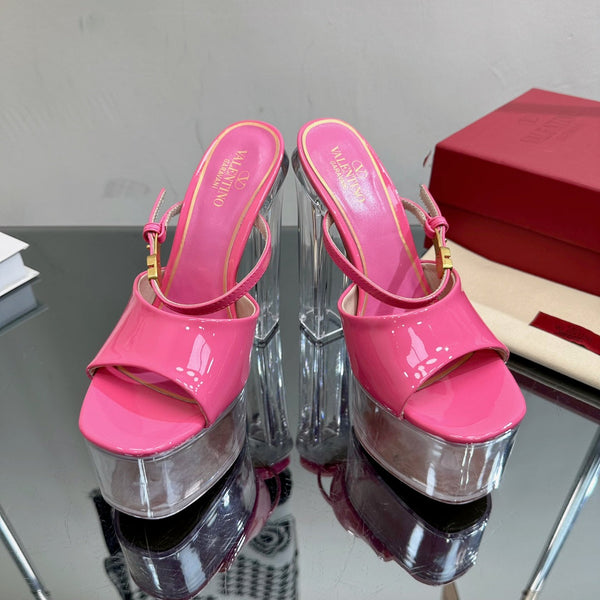 HIGH HEEL SANDAL 14CM IN BRIGHT PINK CALFSKIN AND TRANSPARENT PVC