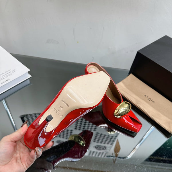 ALAIA AZZEDINE HIGH HEELS IN CHERRY RED CALFSKIN WITH GOLD HARDWARE