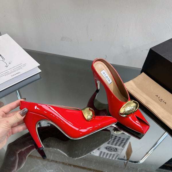 ALAIA AZZEDINE HIGH HEELS IN CHERRY RED CALFSKIN WITH GOLD HARDWARE