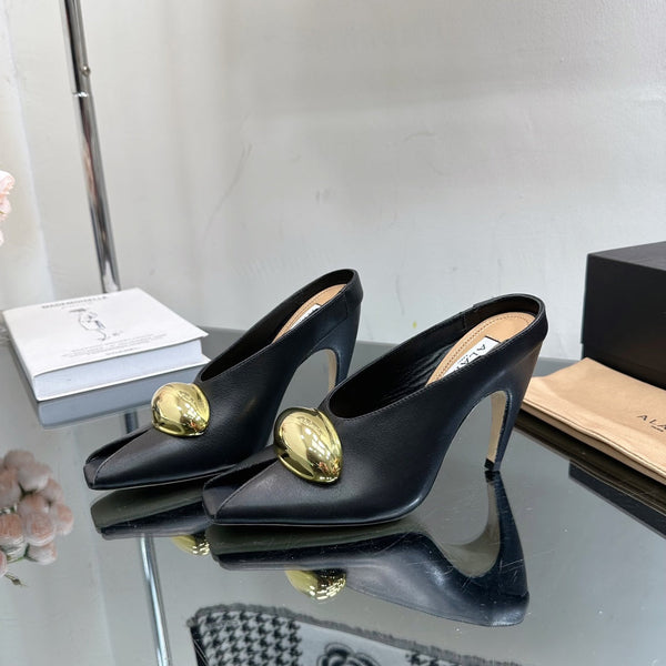 ALAIA AZZEDINE HIGH HEELS IN BLACK CALFSKIN WITH GOLD HARDWARE