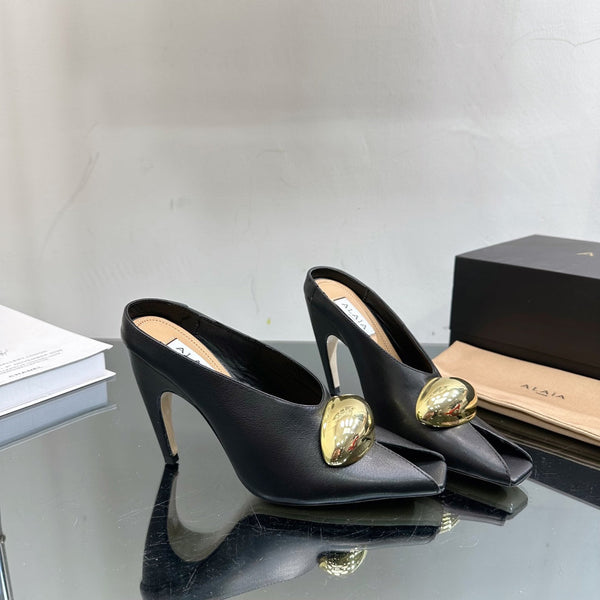 ALAIA AZZEDINE HIGH HEELS IN BLACK CALFSKIN WITH GOLD HARDWARE