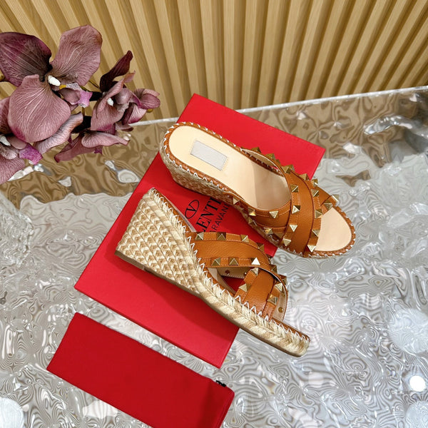 Rockstud Crisscross Espadrilles 80mm Sandal Wedges Brown