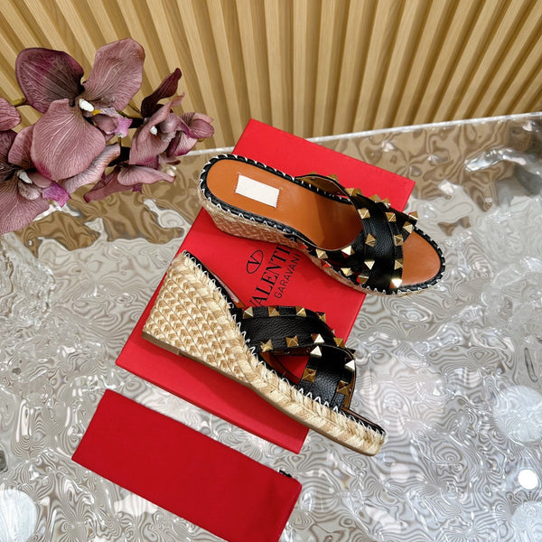 Rockstud Crisscross Espadrilles 80mm Sandal Wedges Black