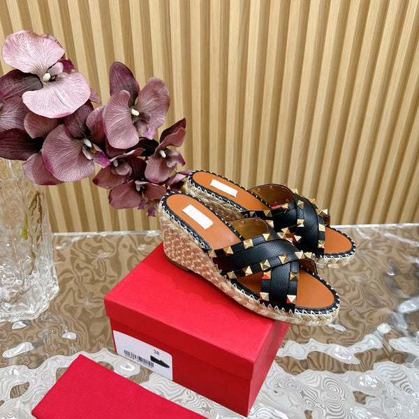 Rockstud Crisscross Espadrilles 80mm Sandal Wedges Black