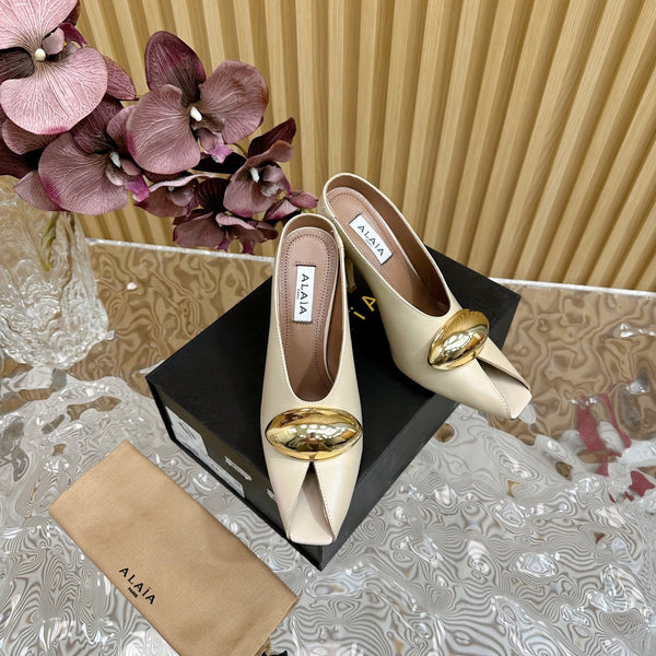 ALAIA AZZEDINE HIGH HEELS IN  BEIGE CREAM CALFSKIN WITH GOLD HARDWARE
