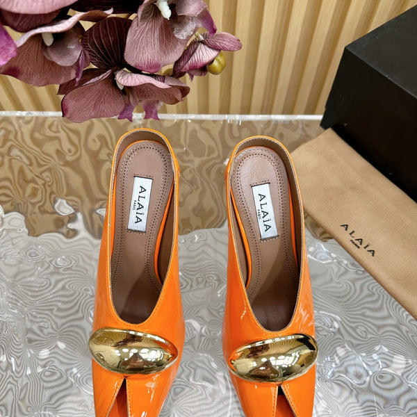 ALAIA AZZEDINE HIGH HEELS IN TANGERINE ORANGE CALFSKIN WITH GOLD HARDWARE