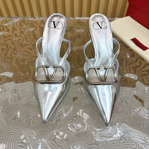 Vlogo Signature with Crystals Cut-Out Slingback Pump 70 Silver Calfskin