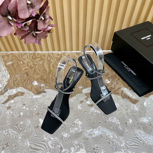 SANDALI NUIT 85 IN CREPE SATIN NERO E STRASS BIANCHI