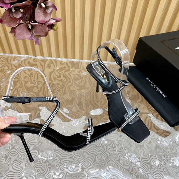 SANDALI NUIT 85 IN CREPE SATIN NERO E STRASS BIANCHI