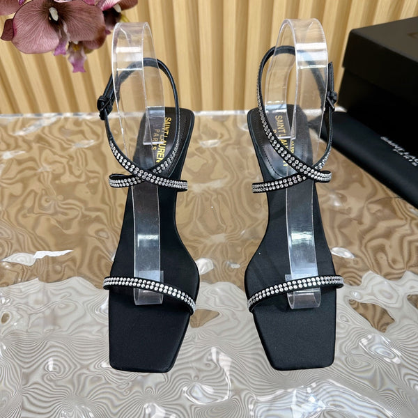 SANDALI NUIT 85 IN CREPE SATIN NERO E STRASS BIANCHI