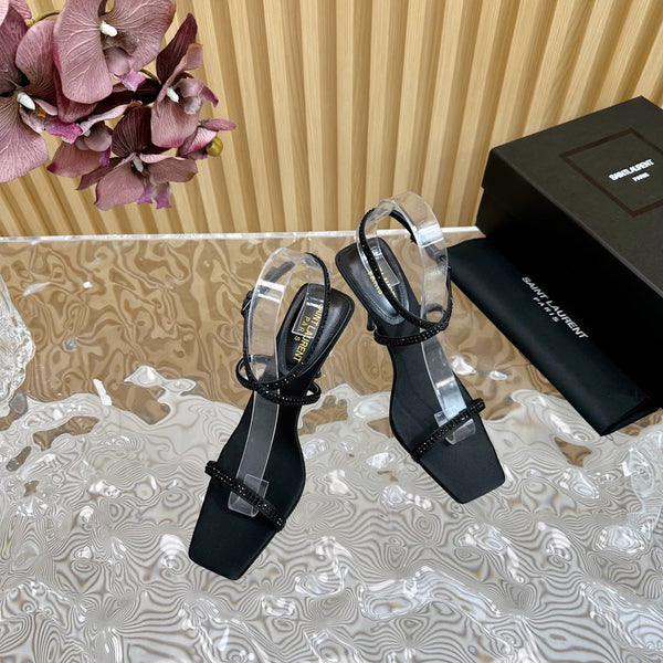 SANDALI NUIT 85 IN CREPE SATIN NERO E STRASS NERI