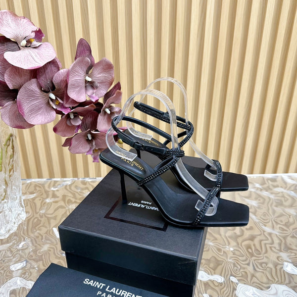 SANDALI NUIT 85 IN CREPE SATIN NERO E STRASS NERI