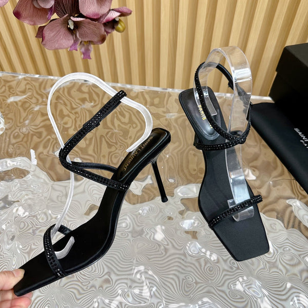 SANDALI NUIT 85 IN CREPE SATIN NERO E STRASS NERI