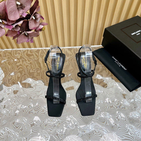 SANDALI NUIT 85 IN CREPE SATIN NERO E STRASS NERI