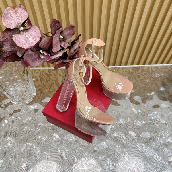 SANDALO ALTO 14 CM IN VITELLO NUDE TAN E PVC TRASPARENTE