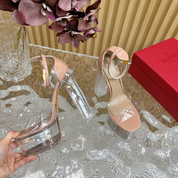 SANDALO ALTO 14 CM IN VITELLO NUDE TAN E PVC TRASPARENTE