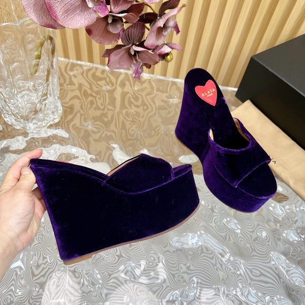 ALAIA PLATFORM WEDGE IN VIOLET PURPLE VELVET WITH HEART EMBROIDERED
