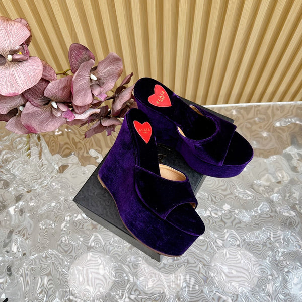 ALAIA PLATFORM WEDGE IN VIOLET PURPLE VELVET WITH HEART EMBROIDERED