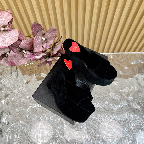 ALAIA PLATFORM WEDGE IN BLACK VELVET WITH HEART EMBROIDERED