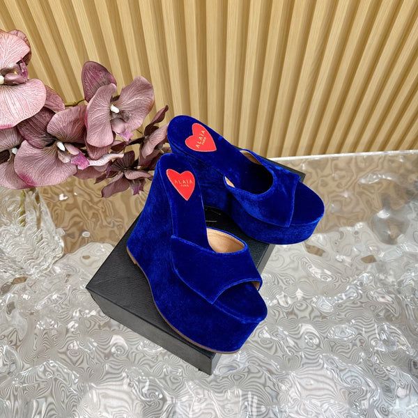 ALAIA PLATFORM WEDGE IN COBALT BLUE VELVET WITH HEART EMBROIDERED