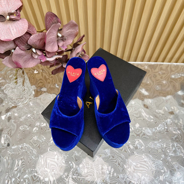 ALAIA PLATFORM WEDGE IN COBALT BLUE VELVET WITH HEART EMBROIDERED