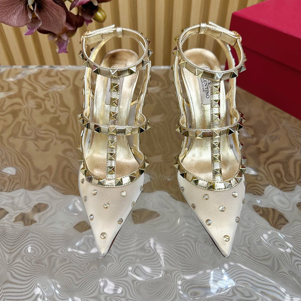 ROCKSTUD MIRROR-EFFECT PUMP WITH MATCHING STRAPS AND STUDS 95 MM GOLD CALFSKIN  AND MESH