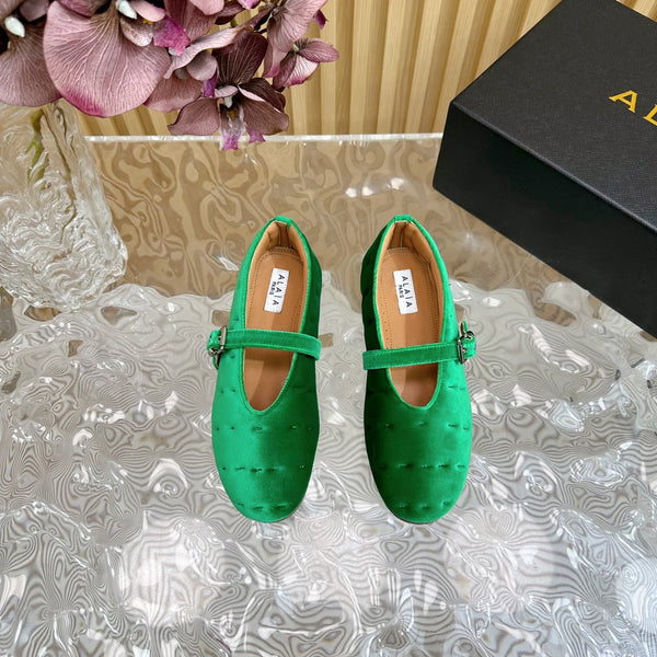 ALAIA BALLET FLATS IN EMERALD GREEN VELVET
