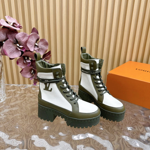 LV Laureate Platform Desert Boot 70mm Tessuto denim verde kaki bianco