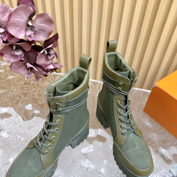 LV Laureate Platform Desert Boot 70mm Tessuto denim verde kaki