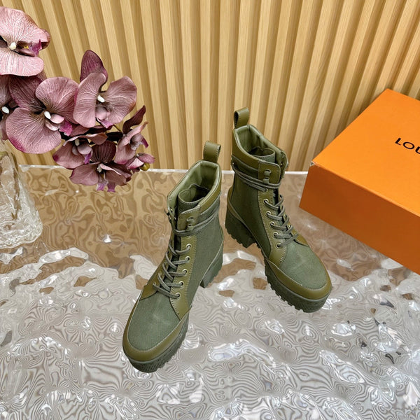 LV Laureate Platform Desert Boot 70mm Tessuto denim verde kaki
