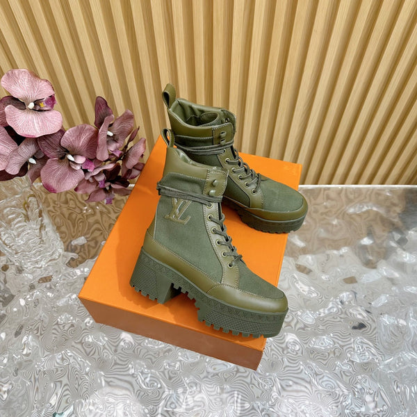 LV Laureate Platform Desert Boot 70mm Tessuto denim verde kaki