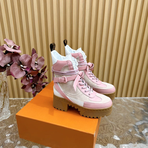 LV Laureate Platform Desert Boot 70mm Rosa Mix Beige Suede