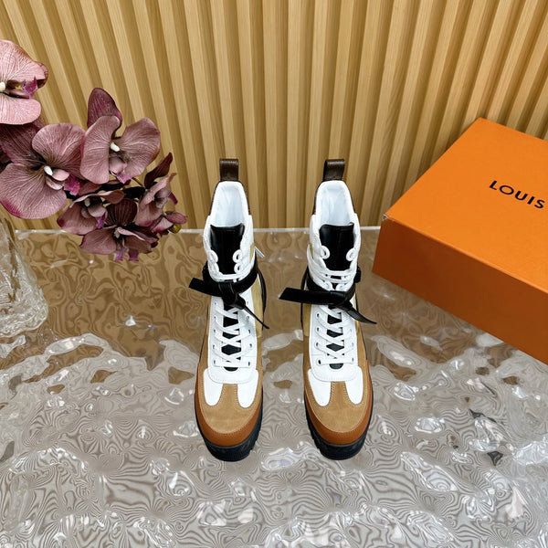 LV Laureate Platform Desert Boot 70mm in pelle scamosciata marrone gialla