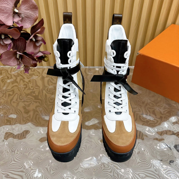 LV Laureate Platform Desert Boot 70mm in pelle scamosciata marrone gialla