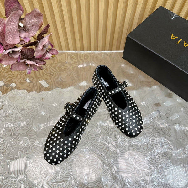 Alaia Strass Ballet Flats In Black Calfskin With Fleece Lining 926043