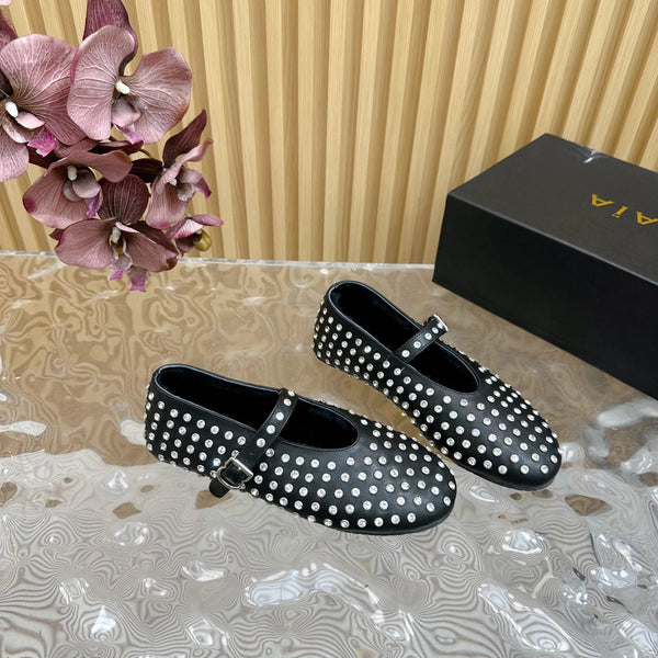 Alaia Strass Ballet Flats In Black Calfskin With Fleece Lining 926043