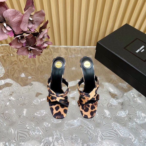 OPYUM 10 CM HIGH MULES IN LEOPARD PRINT SILK