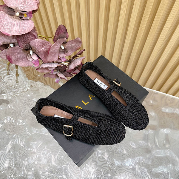 Alaia Ballet Flats In Black Stretch Woven Sedge 102276
