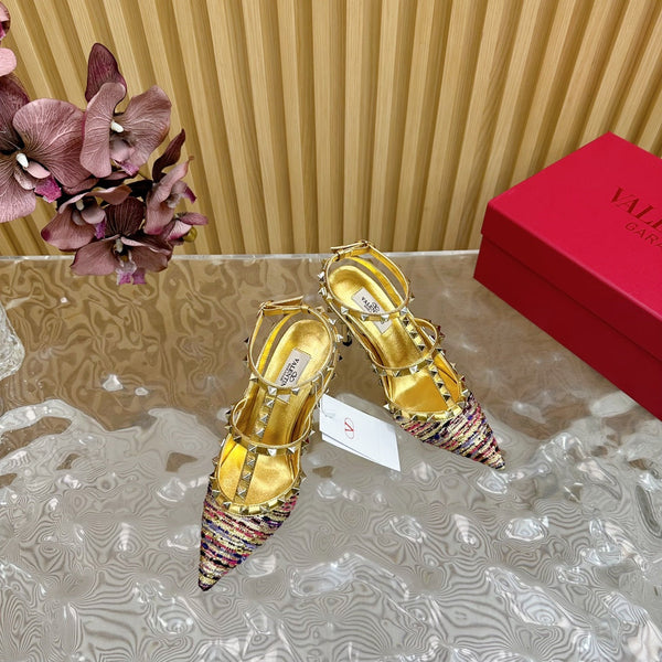 Rockstud Pump In Colorful Mix Gold Pied-de-poule Fabric And Cowhide 95mm 102079