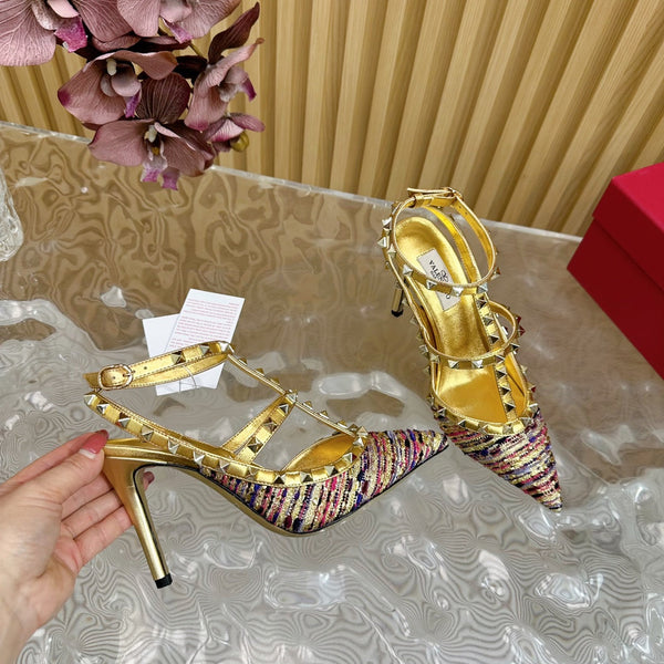 Rockstud Pump In Colorful Mix Gold Pied-de-poule Fabric And Cowhide 95mm 102079