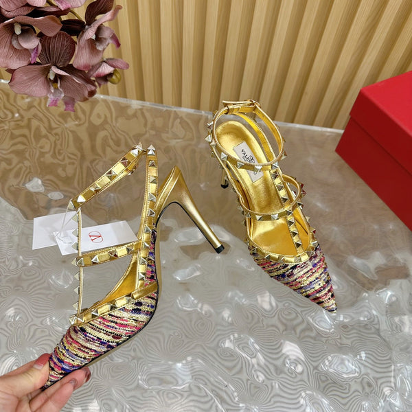 Rockstud Pump In Colorful Mix Gold Pied-de-poule Fabric And Cowhide 95mm 102079